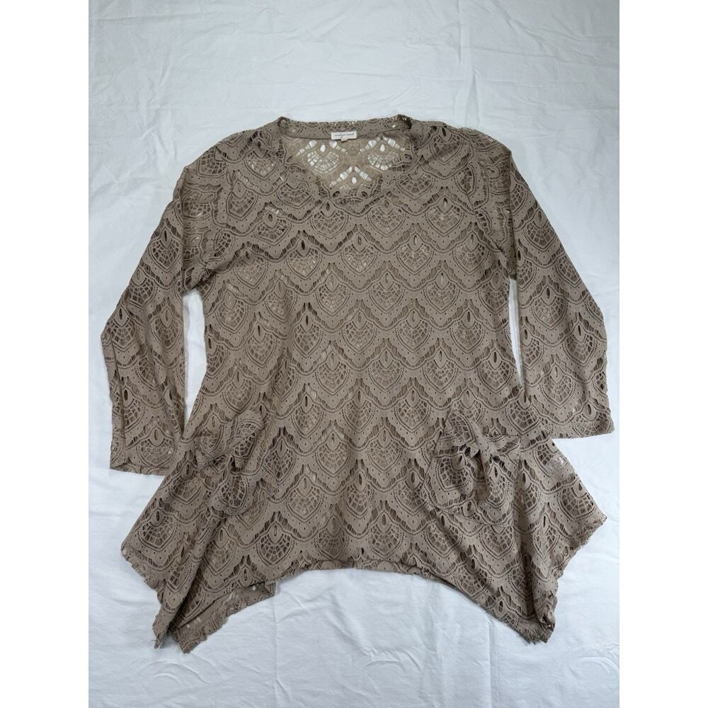 Indigo Soul Brown Womens Tunic Top Lace Lined‎ 3/4 Sleeve Boho Fancy Size XL